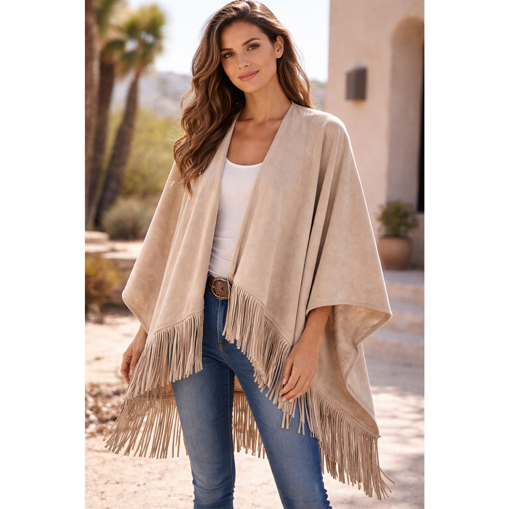 Solitaire Faux suede Fringe Poncho Cape Boho Western Open Wrap One Size